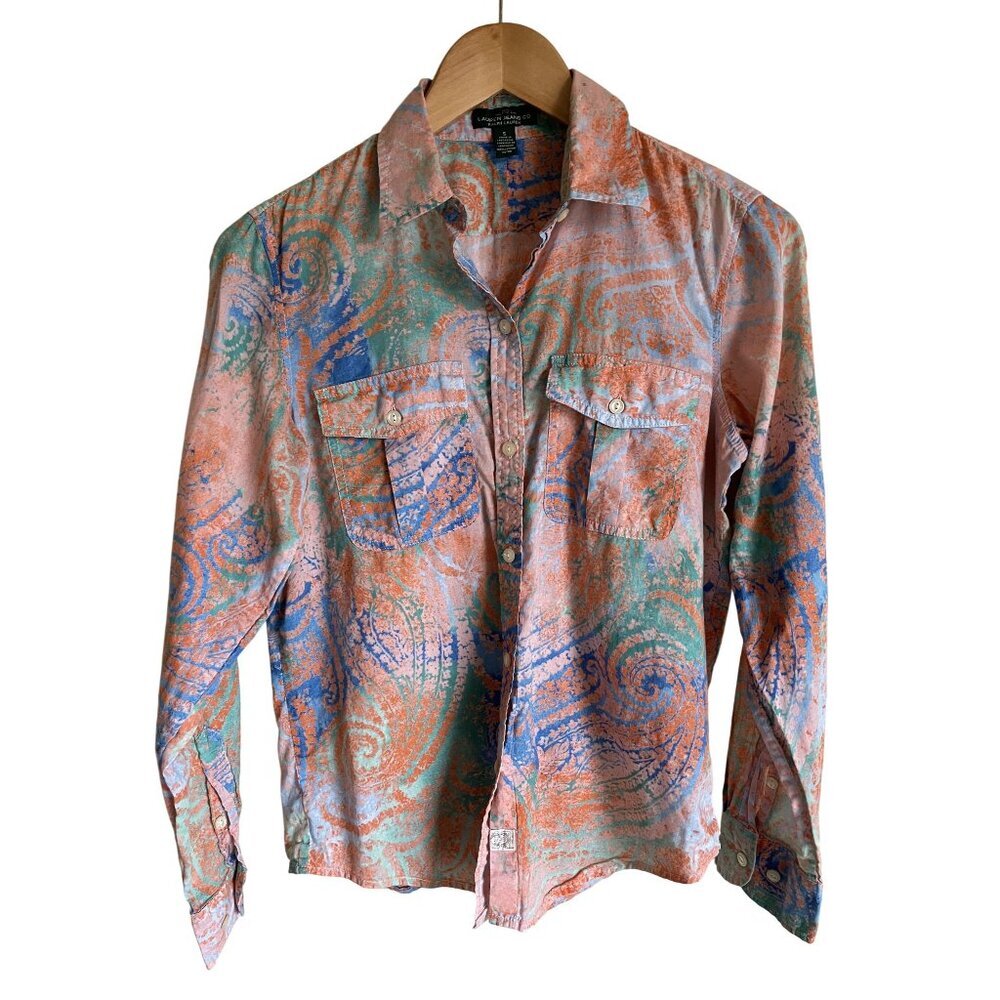 LRL Lauren Jeans Ralph Lauren Size Small Orange Blue Paisley Roll Tab Collared B